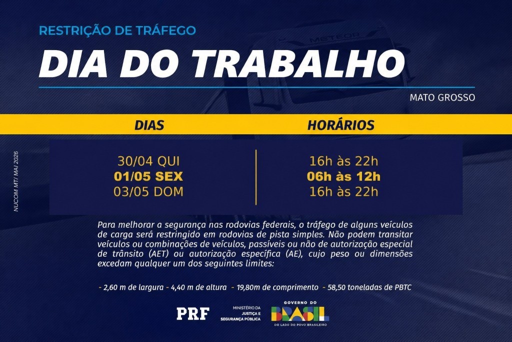 PRF inicia restrição de tráfego para o feriado do Dia do Trabalho em Mato Grosso nesta quinta-feira (30)