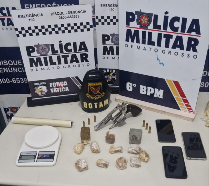 Polícia Militar prende dois faccionados com drogas e revólver em Cáceres