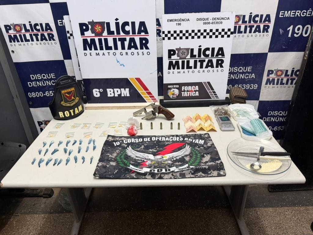 Rotam prende homem com revólver e porções de drogas em Cáceres